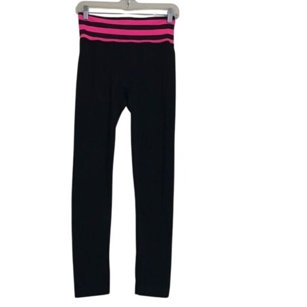 Coco Limon Womens Black Leggings With Pink Striped Waistband L/XL Stretchy Nylon